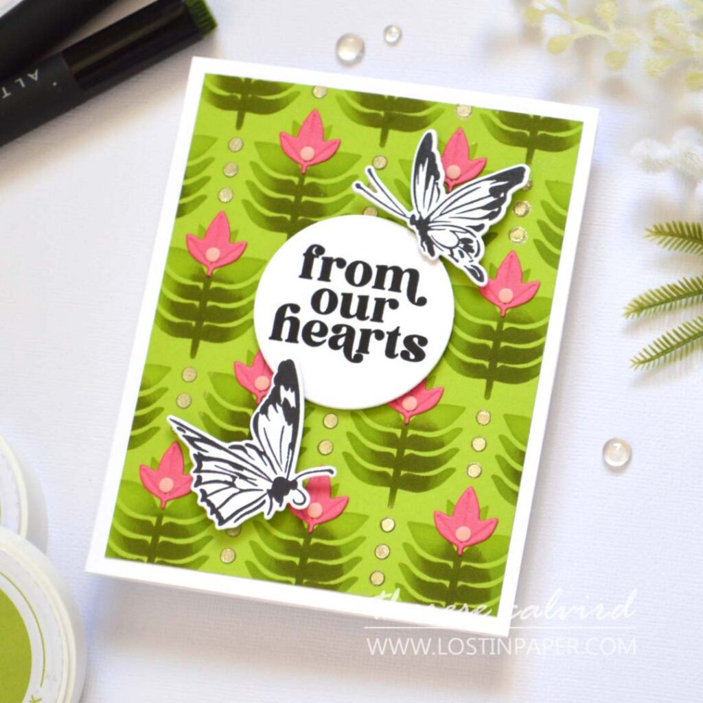 Alt text - Two cards showing multi-ink layered backgrounds using a leaf stencils using two techniques - Therese Calvird
