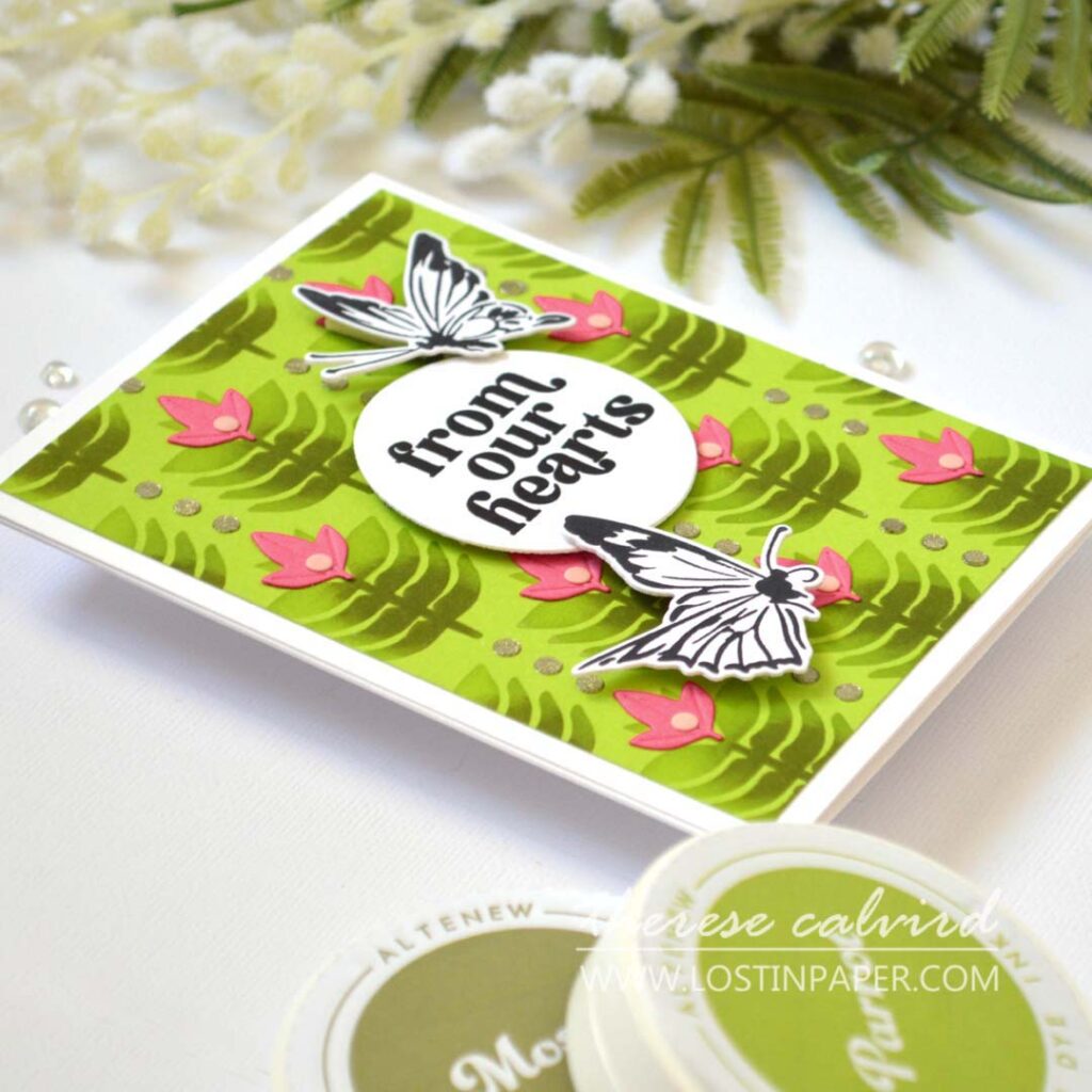 Alt text - Two cards showing multi-ink layered backgrounds using a leaf stencils using two techniques - Therese Calvird