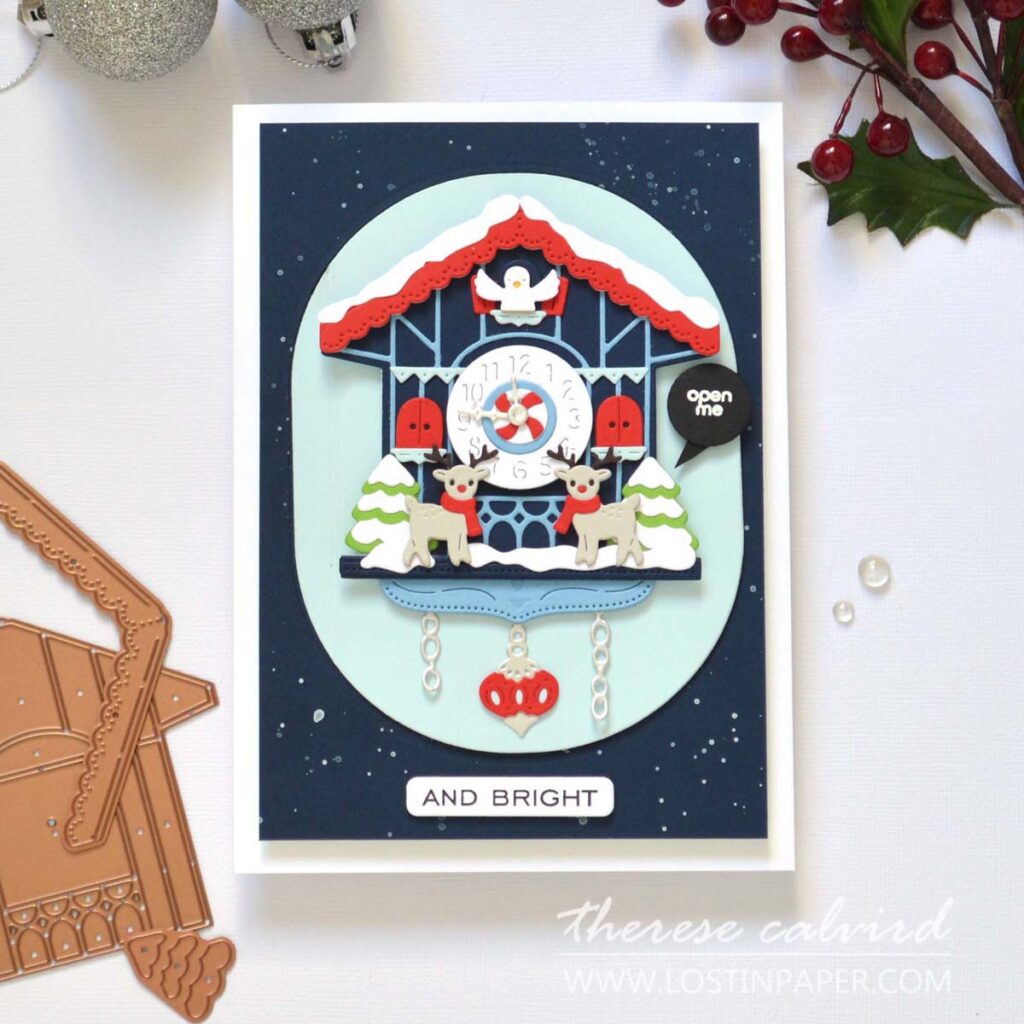 hidden shaker window cuckoo clock christmas card interactive die cut sbdc 2025 therese calvird