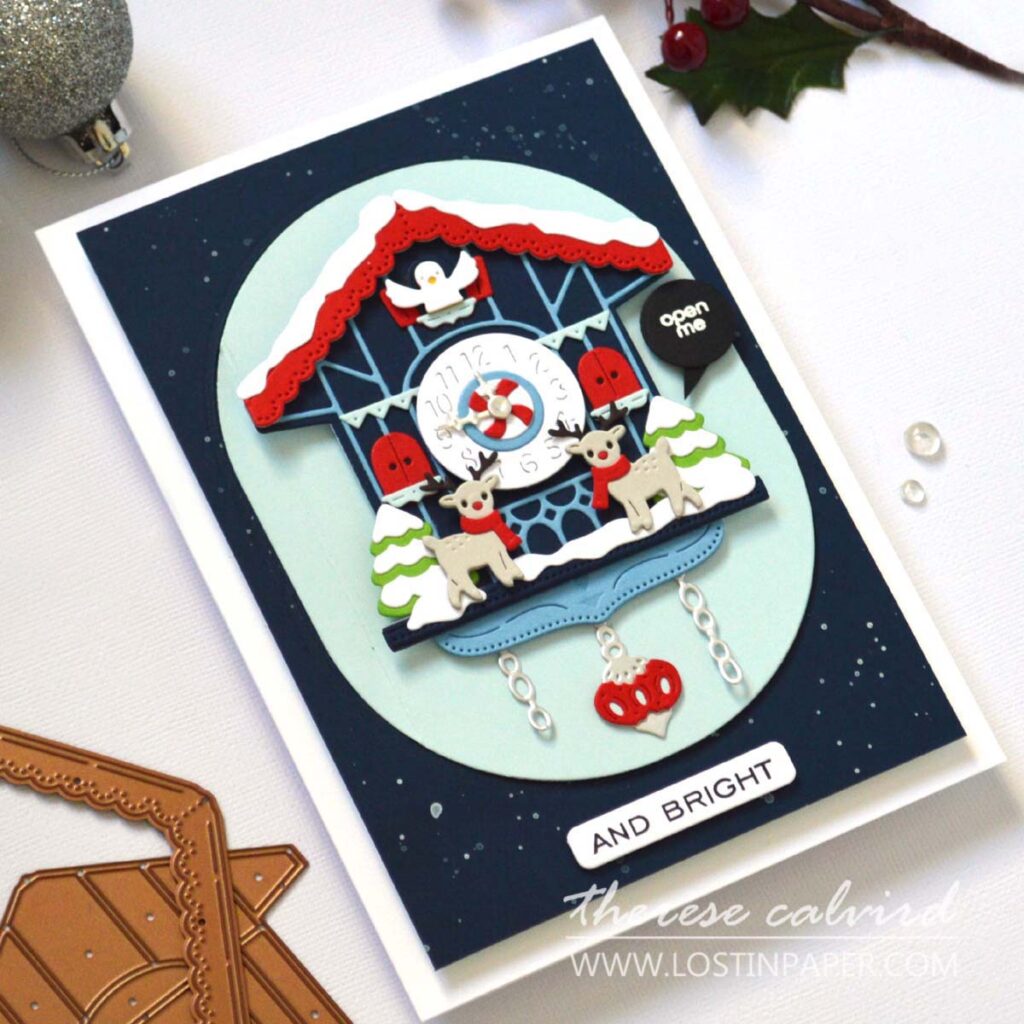hidden shaker window cuckoo clock christmas card interactive die cut sbdc 2025 therese calvird