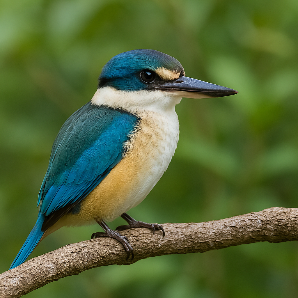 Australian Sacred Kingfisher perched on a branch with soft green leafy background and bright plumage by Therese Calvird