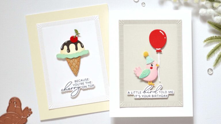 Two clean and simple handmade cards — one with a die-cut ice cream and the other with a birthday bird and balloon — created by Therese Calvird.