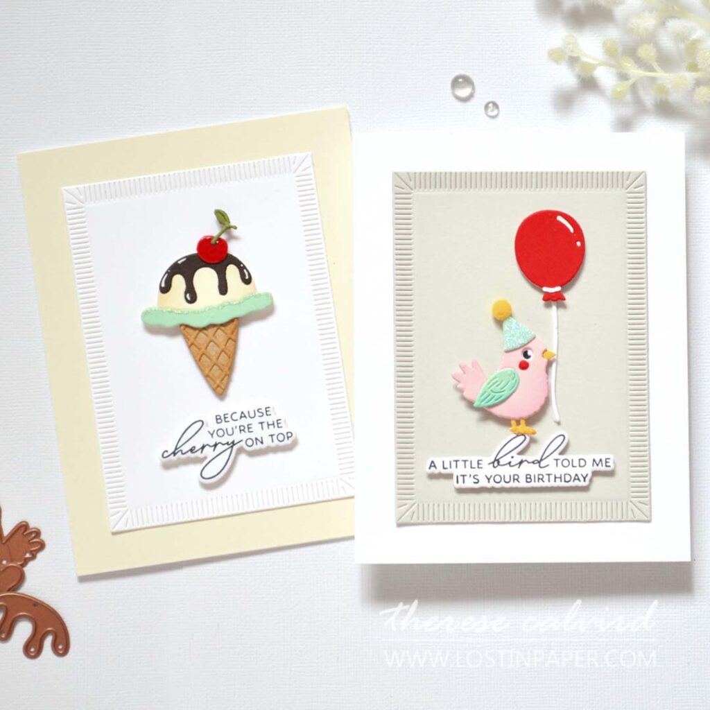 Two clean and simple handmade cards — one with a die-cut ice cream and the other with a birthday bird and balloon — created by Therese Calvird.