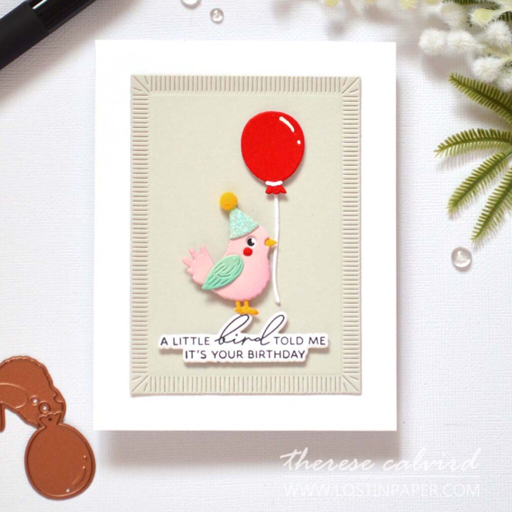 Clean and simple handmade card featuring a die-cut birthday bird holding a balloon, created by Therese Calvird.