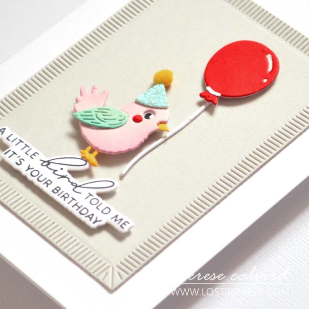 Clean and simple handmade card featuring a die-cut birthday bird holding a balloon, created by Therese Calvird.