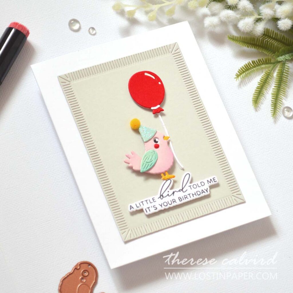 Clean and simple handmade card featuring a die-cut birthday bird holding a balloon, created by Therese Calvird.