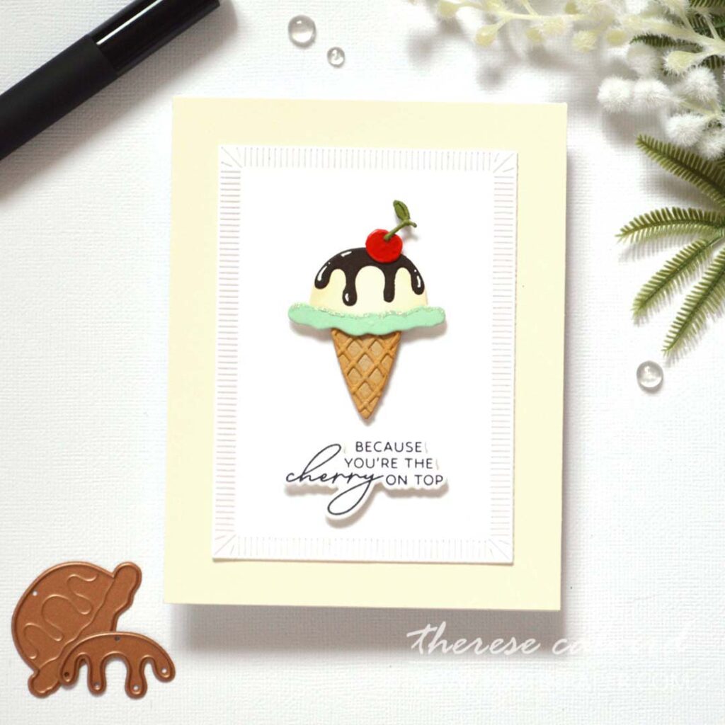 Clean and simple handmade card featuring a die-cut ice cream with a cherry on top, created by Therese Calvird.