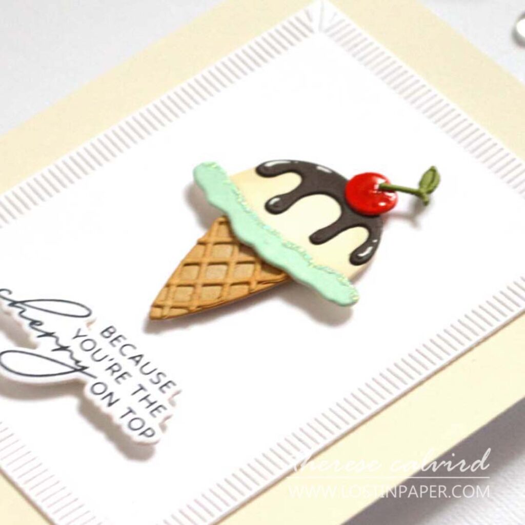 Clean and simple handmade card featuring a die-cut ice cream with a cherry on top, created by Therese Calvird.
