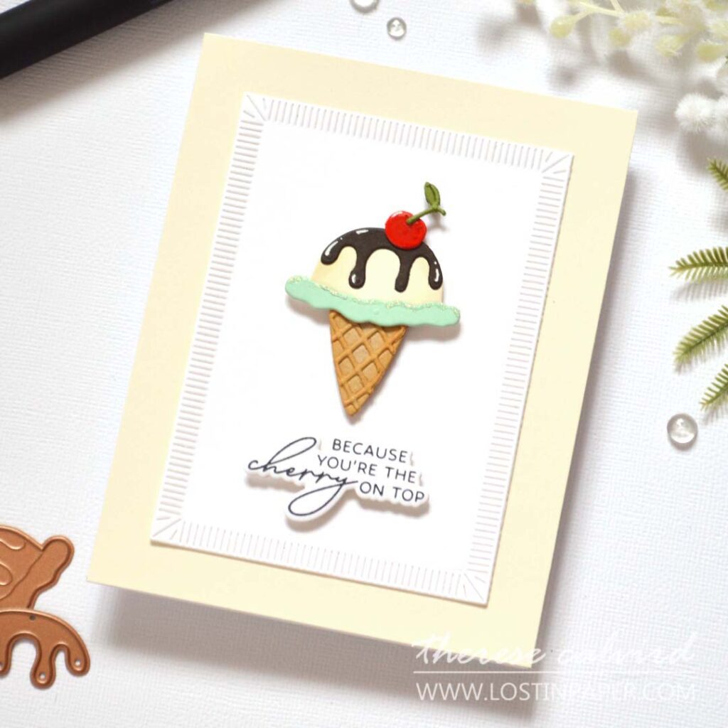 Clean and simple handmade card featuring a die-cut ice cream with a cherry on top, created by Therese Calvird.