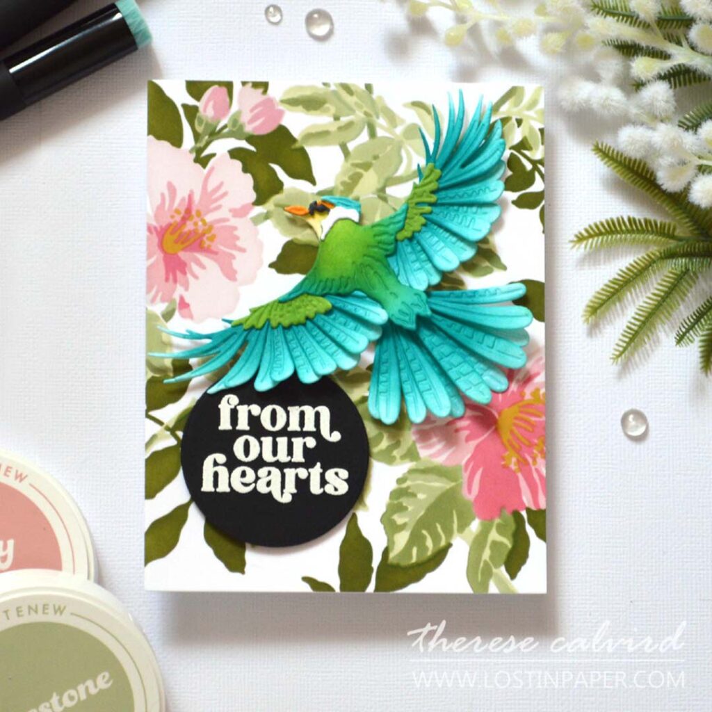 Ink blended layered bird die card inspired by the Australian Sacred Kingfisher with a soft floral background and bold circle sentiment by Therese Calvird