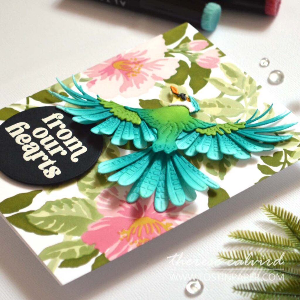 Ink blended layered bird die card inspired by the Australian Sacred Kingfisher with a soft floral background and bold circle sentiment by Therese Calvird