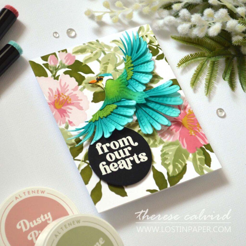 Ink blended layered bird die card inspired by the Australian Sacred Kingfisher with a soft floral background and bold circle sentiment by Therese Calvird