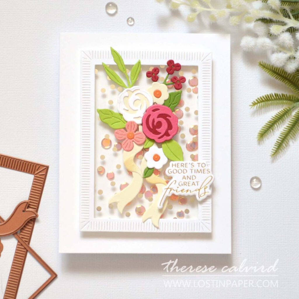 Floral shaker card made by Therese Calvird from Lostinpaper, featuring layered die cut flowers with acetate and sequins.