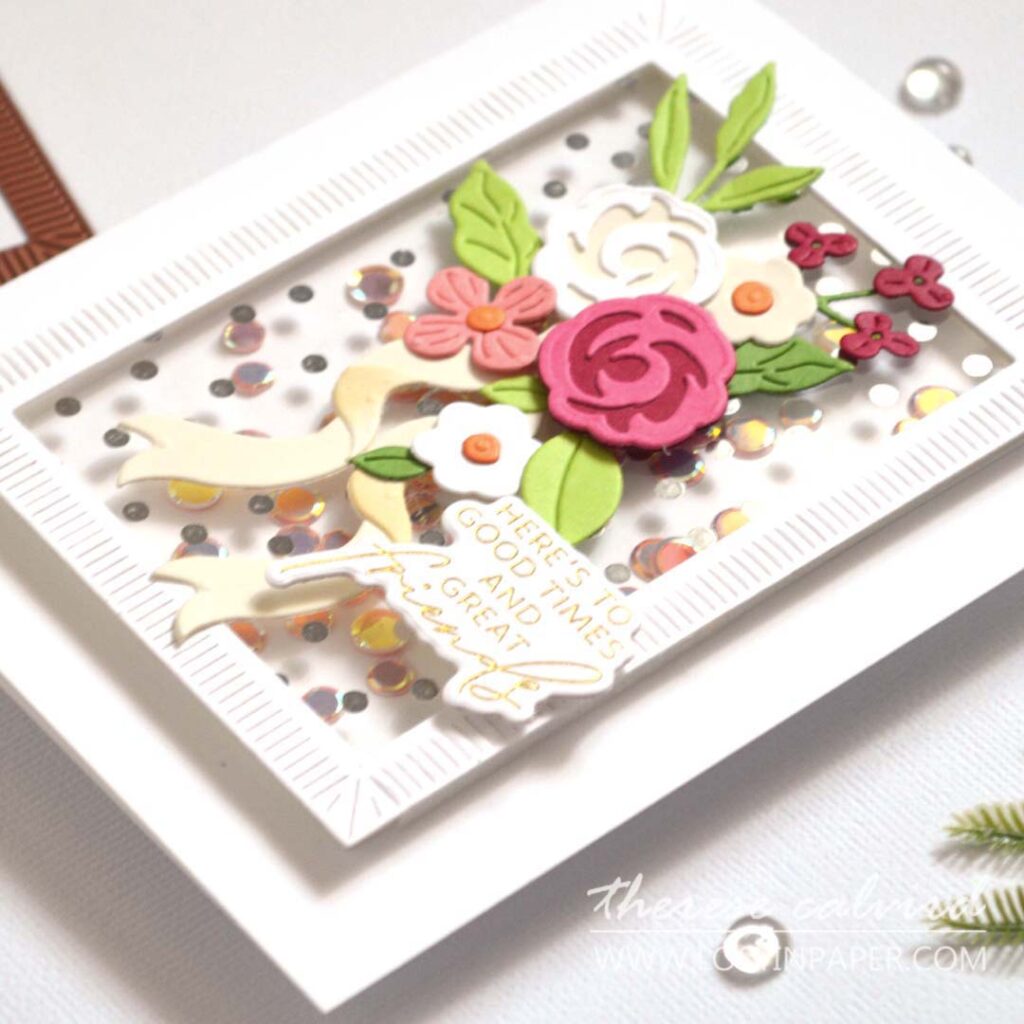 Floral shaker card made by Therese Calvird from Lostinpaper, featuring layered die cut flowers with acetate and sequins.