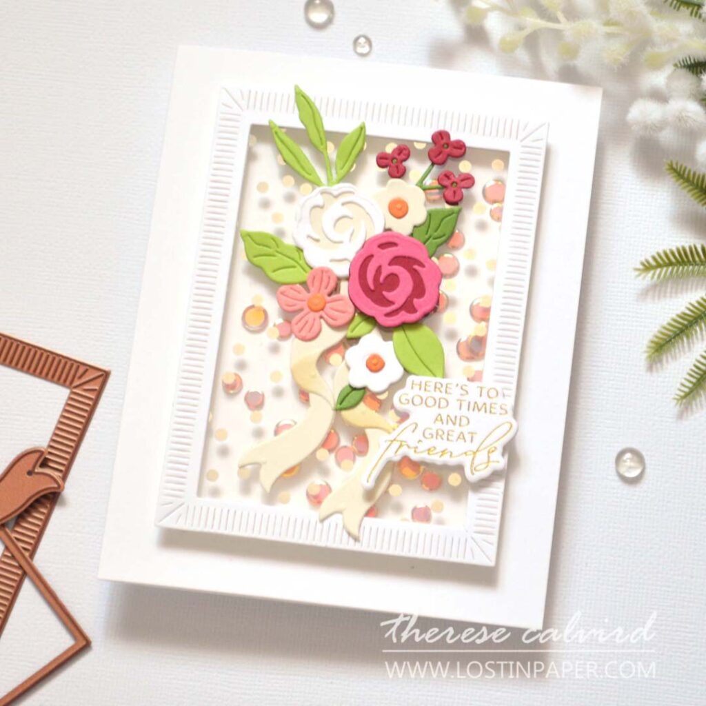 Floral shaker card made by Therese Calvird from Lostinpaper, featuring layered die cut flowers with acetate and sequins.