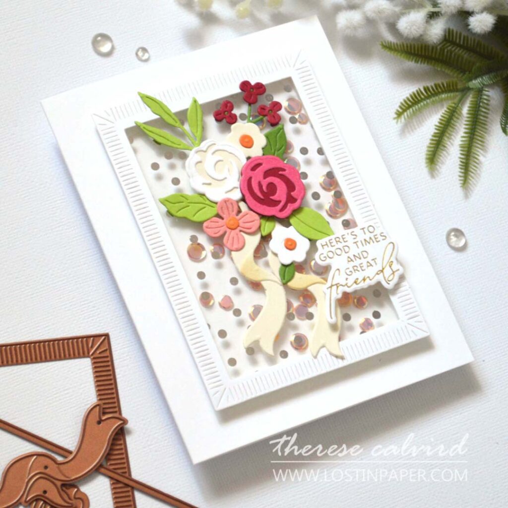 Floral shaker card made by Therese Calvird from Lostinpaper, featuring layered die cut flowers with acetate and sequins.
