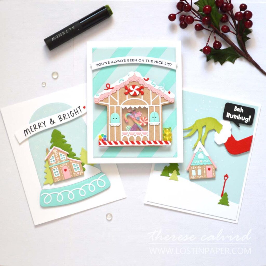 Set of five gingerbread house Christmas cards from the Same But Different Christmas series created by Therese Calvird
