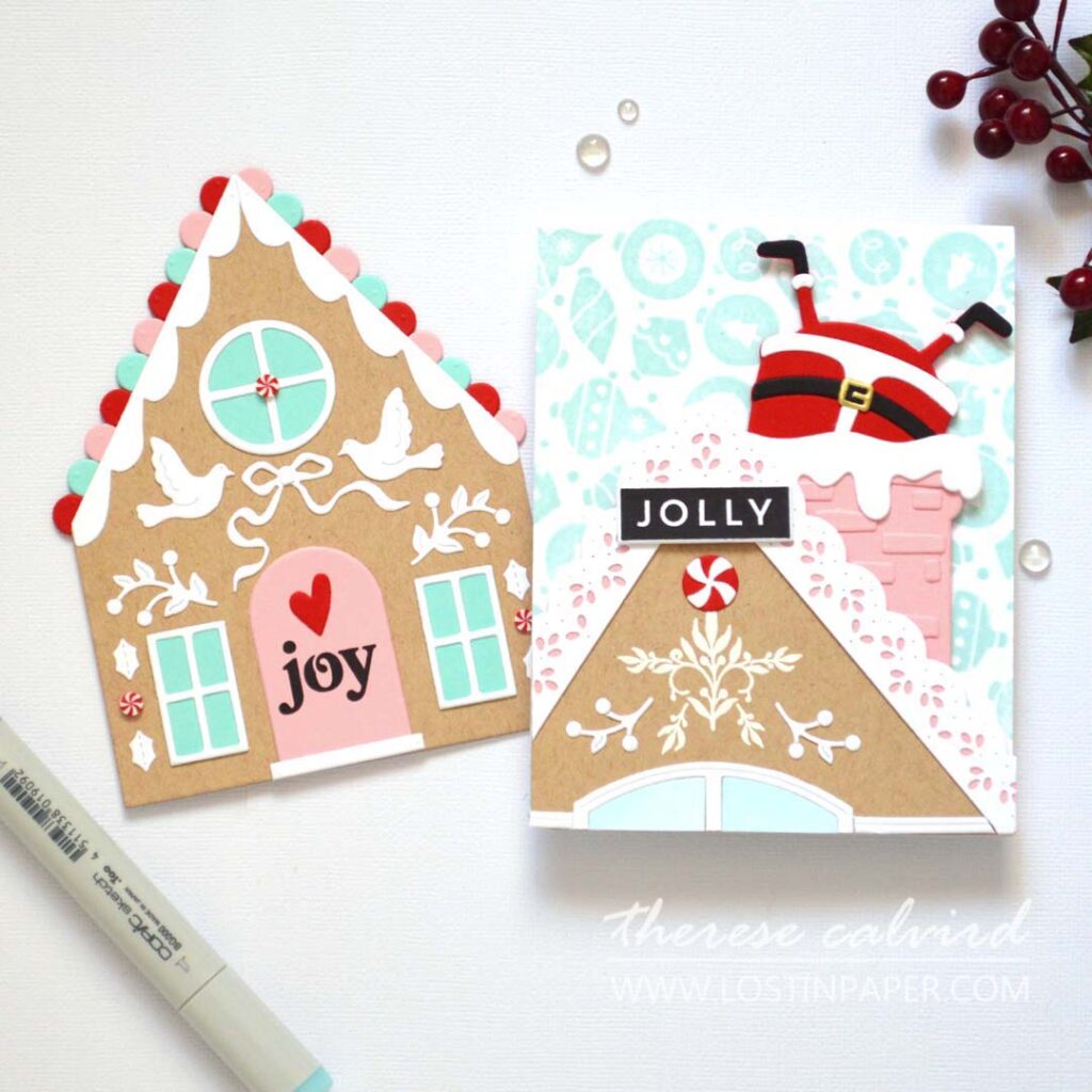Set of five gingerbread house Christmas cards from the Same But Different Christmas series created by Therese Calvird