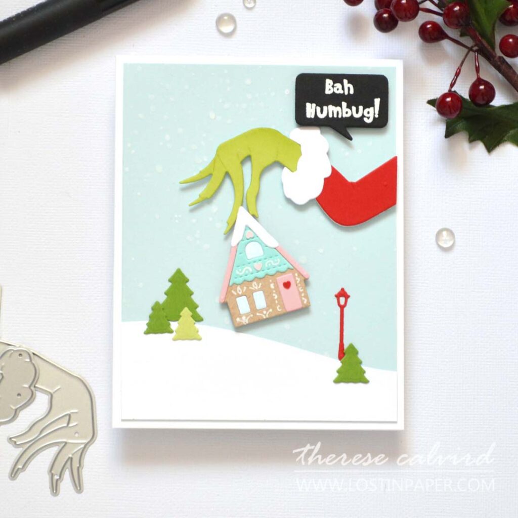 Humorous Grinch themed gingerbread house card with Bah Humbug sentiment by Therese Calvird