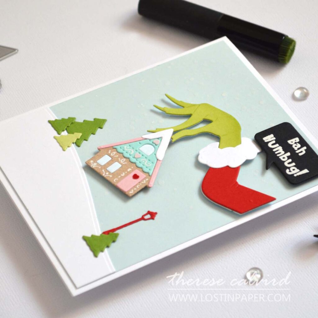 Humorous Grinch themed gingerbread house card with Bah Humbug sentiment by Therese Calvird