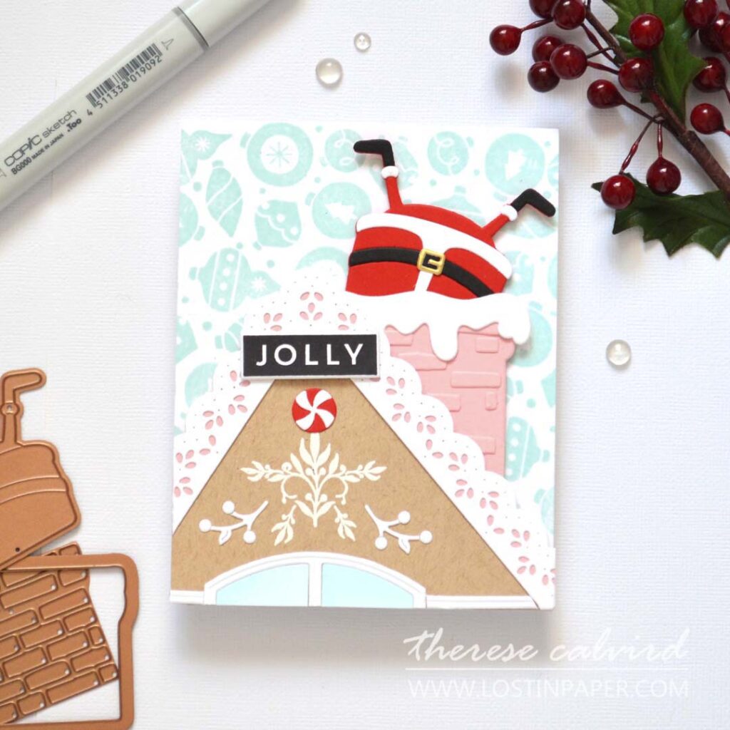 Partial die cut gingerbread house card with pink chimney and Santa legs designed by Therese Calvird