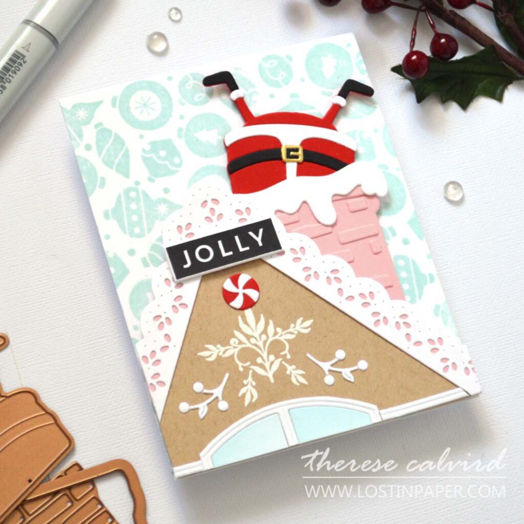 Partial die cut gingerbread house card with pink chimney and Santa legs designed by Therese Calvird