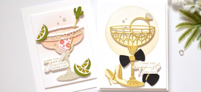 Two handmade celebration cards by Therese Calvird — a sparkly margarita birthday card and a gold wedding toast design, featuring glitter paper, metallic cardstock, and rhinestone accents.