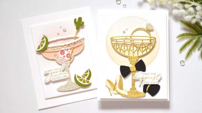 Two handmade celebration cards by Therese Calvird — a sparkly margarita birthday card and a gold wedding toast design, featuring glitter paper, metallic cardstock, and rhinestone accents.