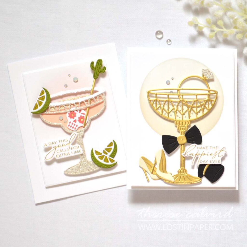 Two handmade celebration cards by Therese Calvird — a sparkly margarita birthday card and a gold wedding toast design, featuring glitter paper, metallic cardstock, and rhinestone accents.