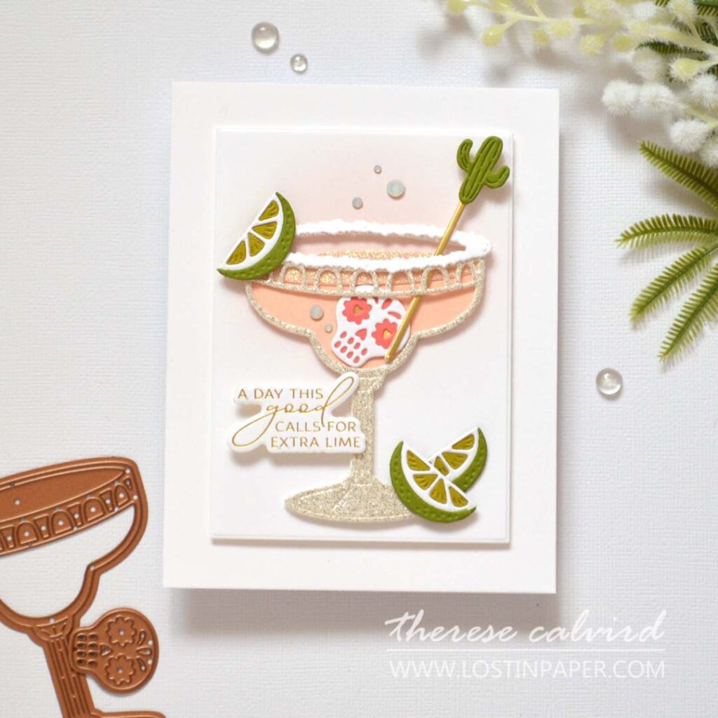 Sparkly handmade margarita birthday card with glitter paper, rhinestones, and die-cut drink glass by Therese Calvird.