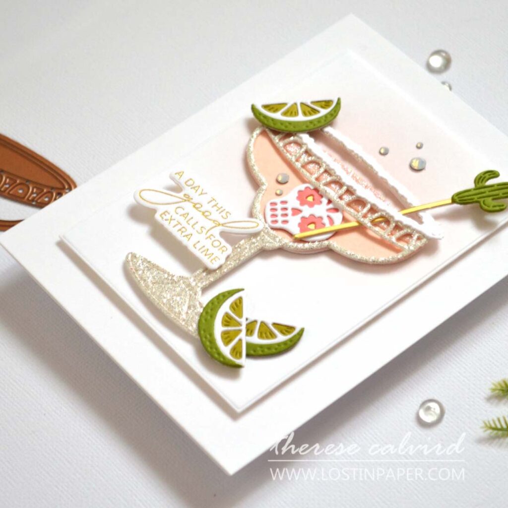 Sparkly handmade margarita birthday card with glitter paper, rhinestones, and die-cut drink glass by Therese Calvird.