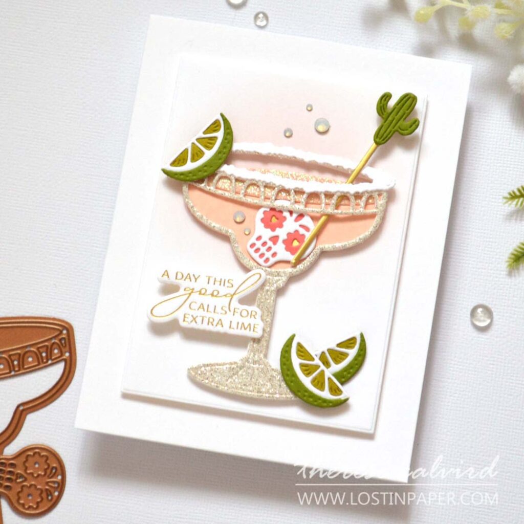 Sparkly handmade margarita birthday card with glitter paper, rhinestones, and die-cut drink glass by Therese Calvird.
