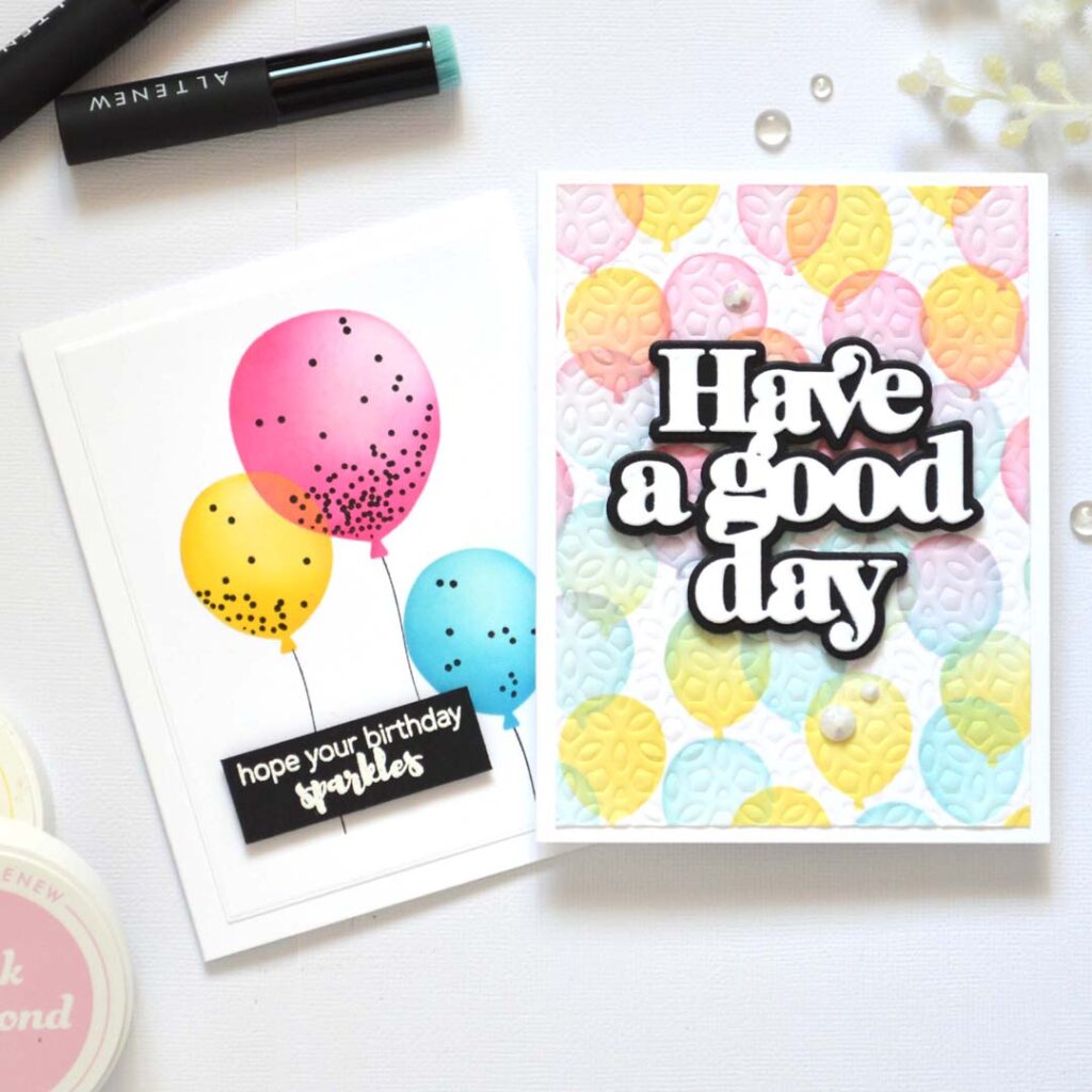 Stencil card ideas – two cards by Therese Calvird, Textured Rainbow Balloons and Confetti Balloon Twist