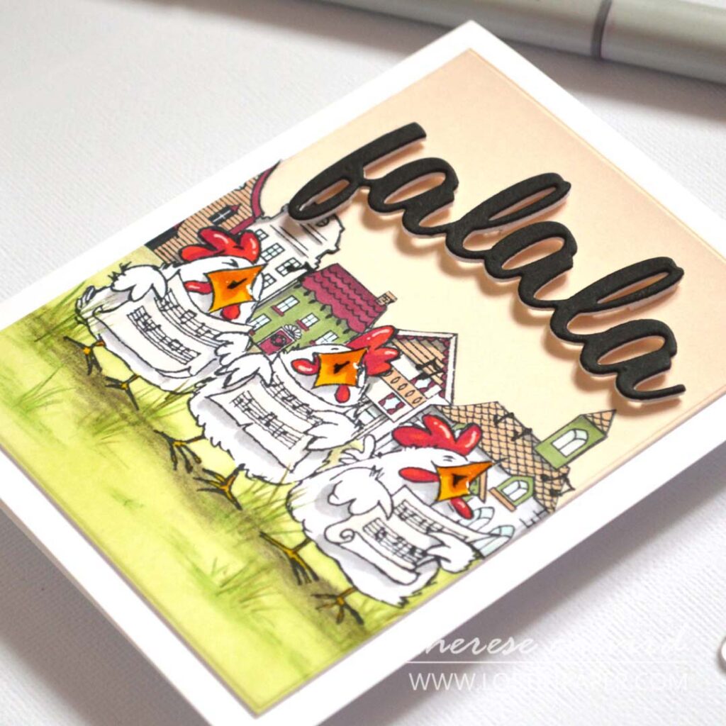 Three caroling chickens in a stamped street scene; alcohol markers, ink-blended sky and ground, pencil grass details, shiny beaks, gel-pen highlights, and a bold popped-up “fa la la.”