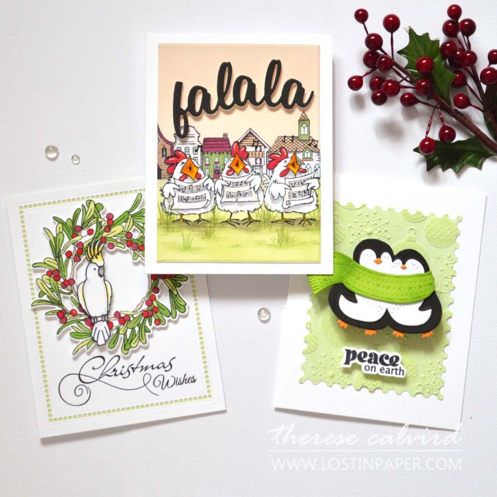 Set of five bird-themed Christmas cards — penguin, cockatoo, chickens, robin, and owl — showcasing different techniques and styles.
