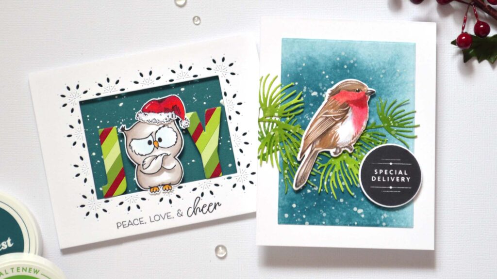 Set of five bird-themed Christmas cards — penguin, cockatoo, chickens, robin, and owl — showcasing different techniques and styles.
