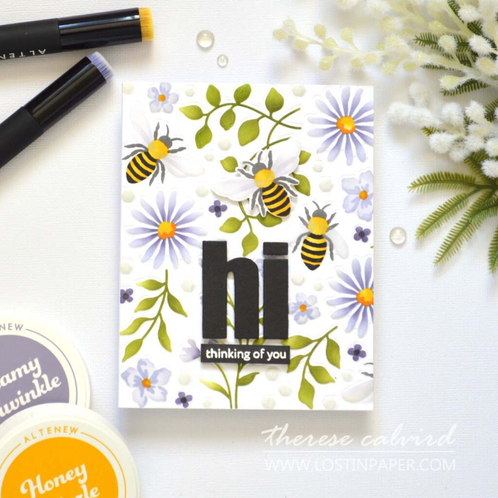 Handmade floral and bee card with ink-blended stencil background, featuring die-impressed texture for added dimension without bulk.