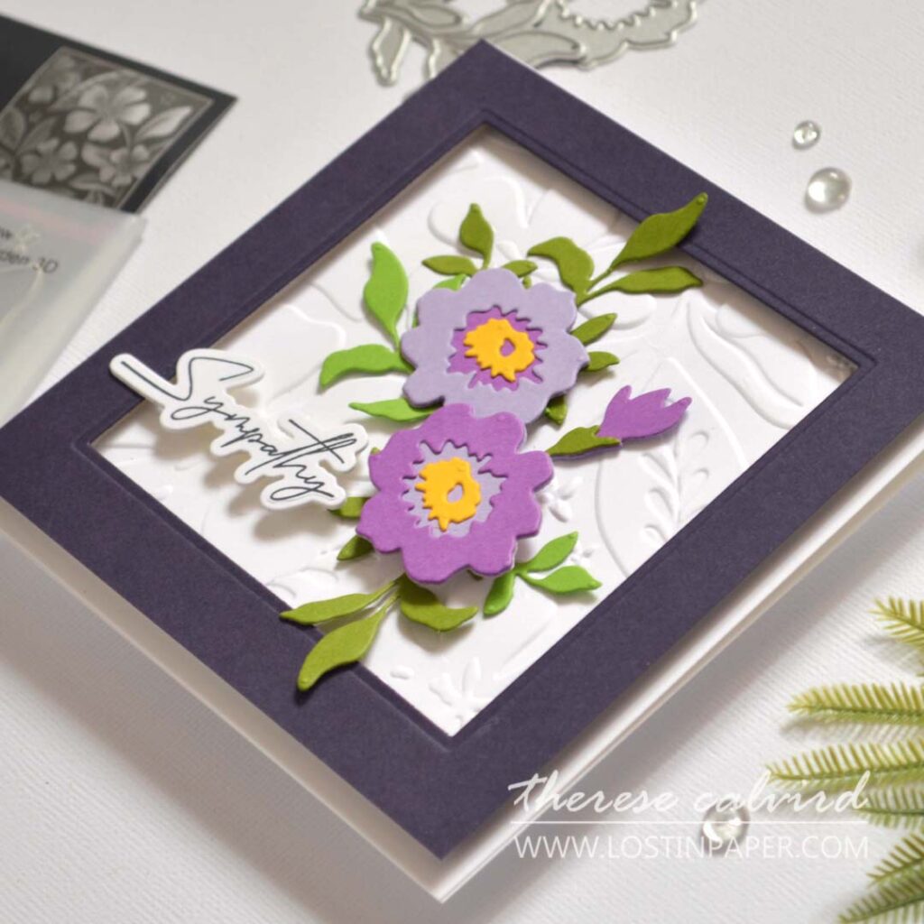 framed bouquet card with white embossed background and sympathy sentiment by Therese Calvird