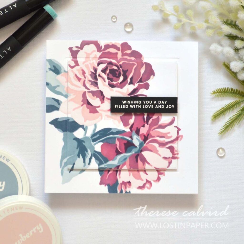 reverse frame card technique with bold floral stencil design by Therese Calvird