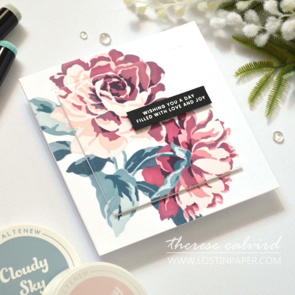 reverse frame card technique with bold floral stencil design by Therese Calvird