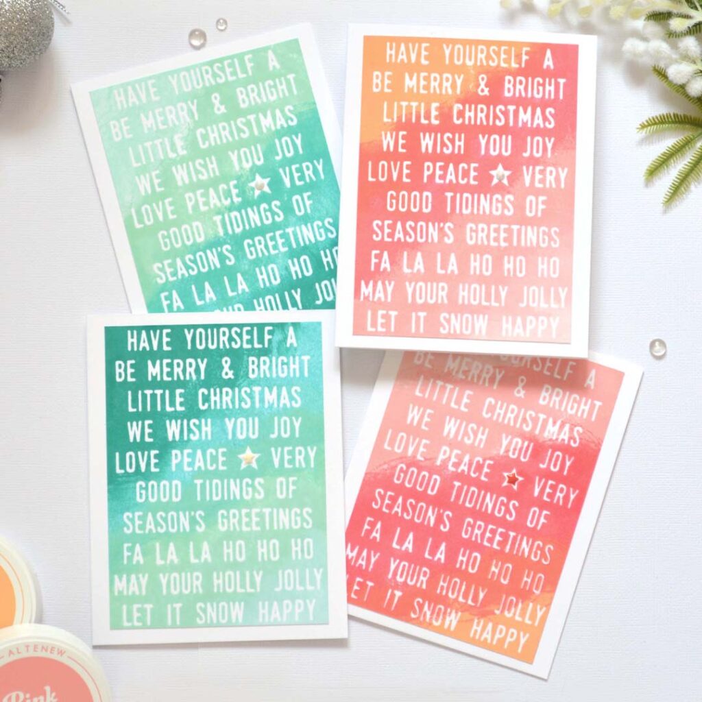 Set of Same But Different Christmas handmade cards by Therese Calvird featuring ombre-stamped sentiment backgrounds in festive shades.