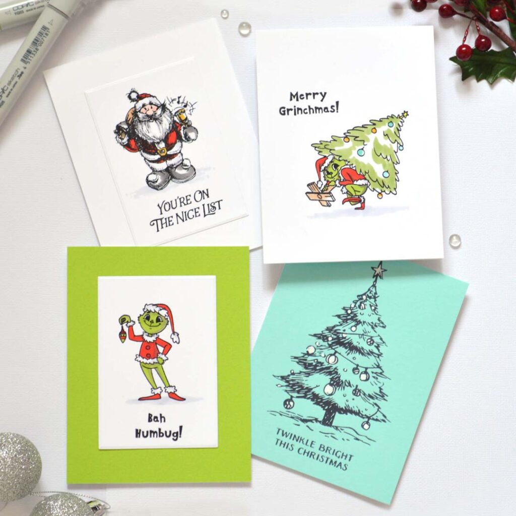 Set of playful Same But Different Christmas cards by Therese Calvird showing quick-colored Grinch images running with Christmas trees.
