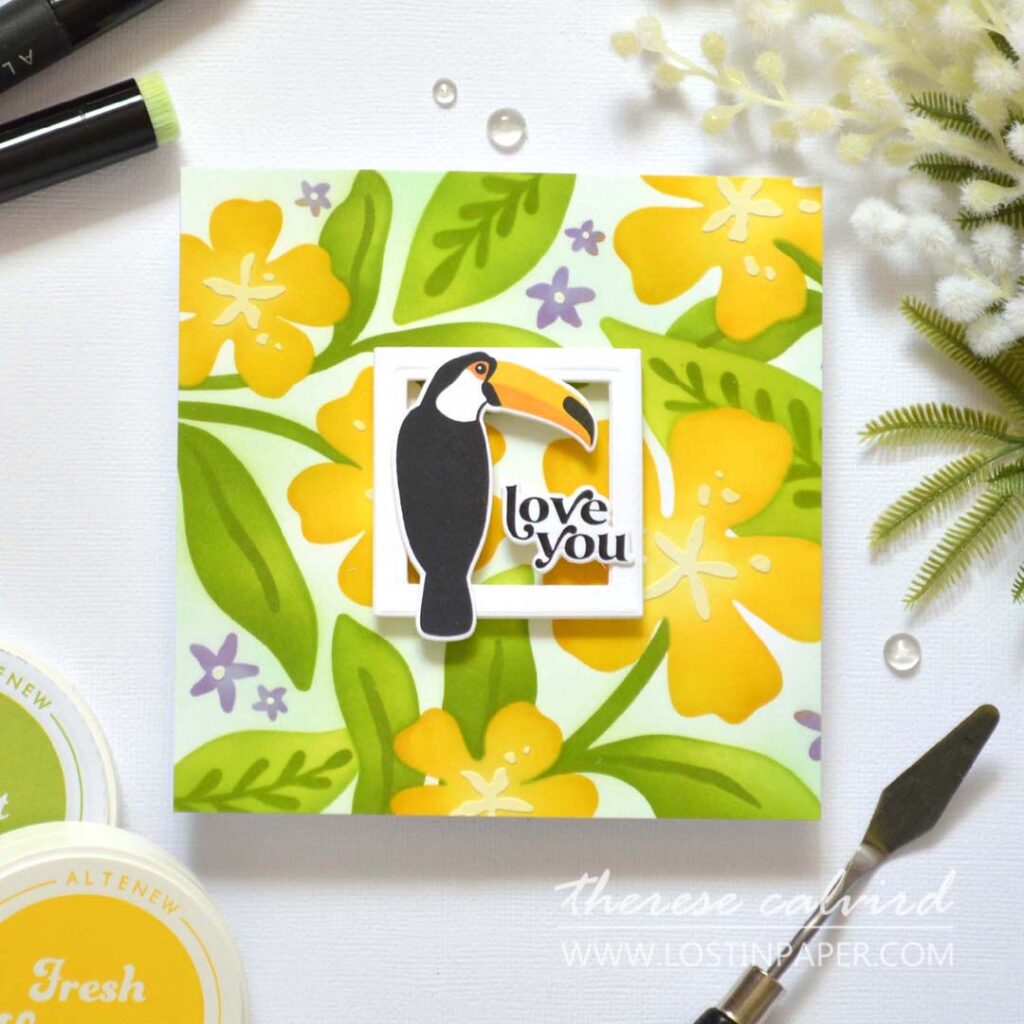tropical stencil card with negative space frame and toucan design by Therese Calvird