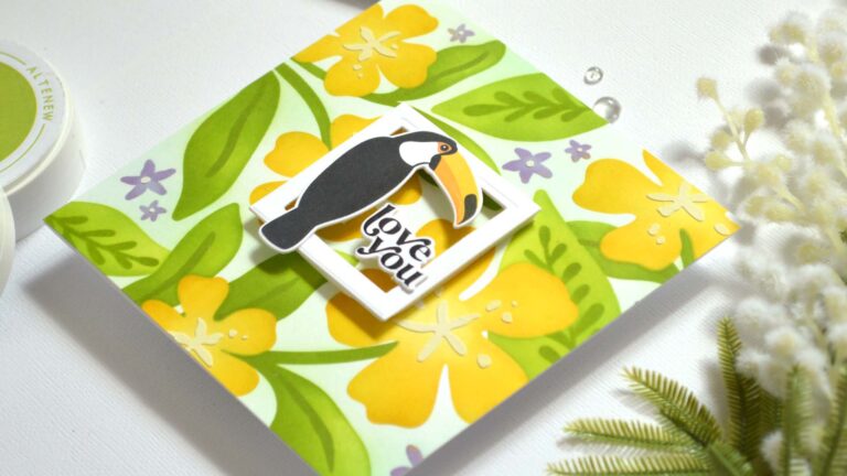 tropical stencil card with negative space frame and toucan design by Therese Calvird