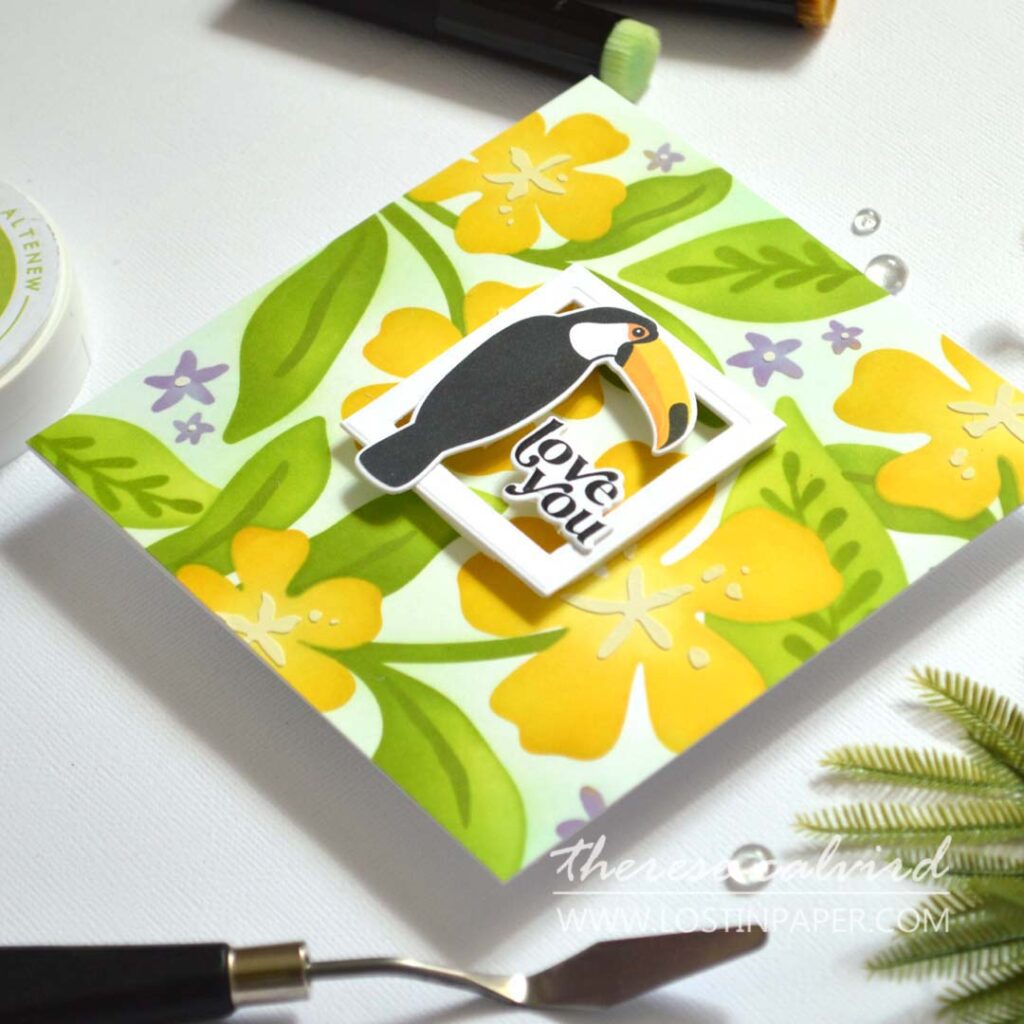 tropical stencil card with negative space frame and toucan design by Therese Calvird