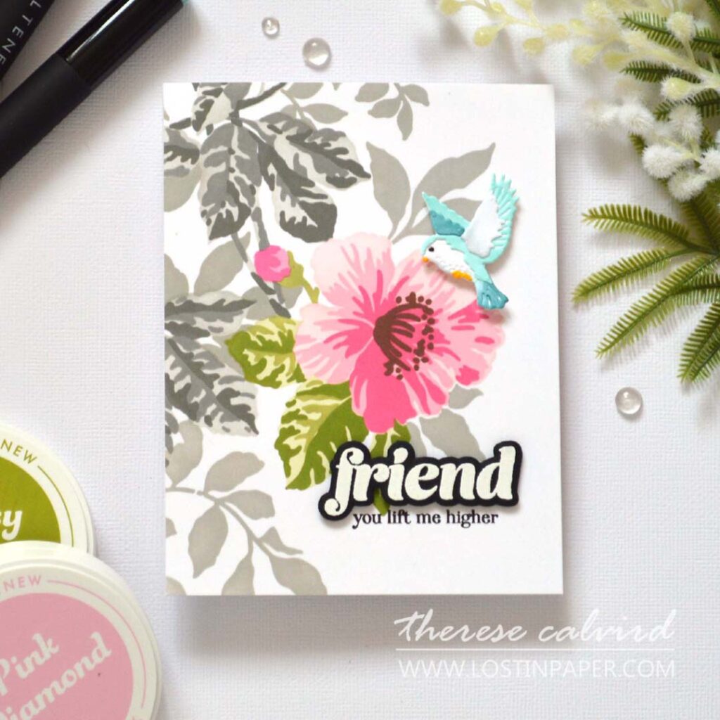 Floral card with a blue bird focal point, Therese Calvird.