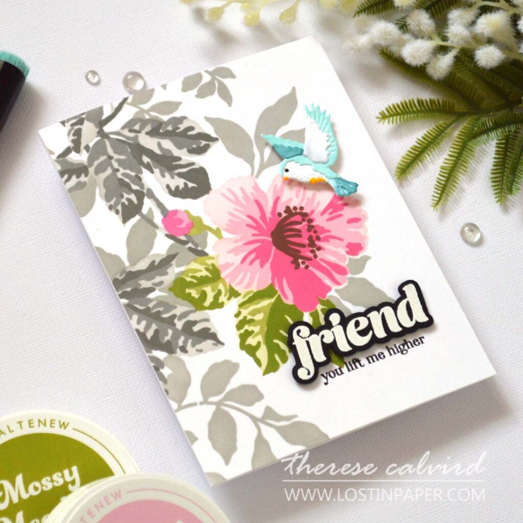 Floral card with a blue bird focal point, Therese Calvird.