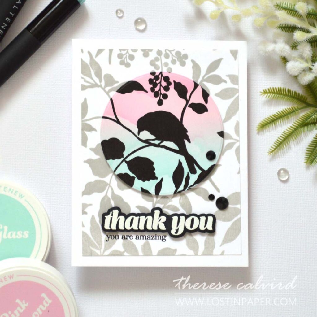 Silhouette bird card with sunset clouds, Therese Calvird.