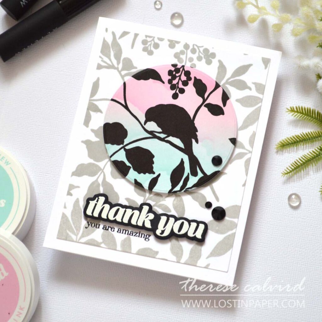 Silhouette bird card with sunset clouds, Therese Calvird.