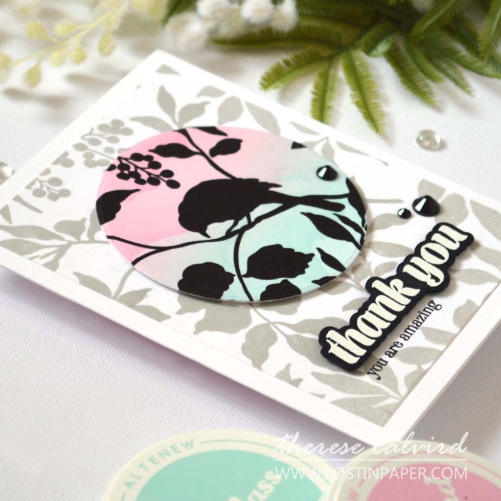 Silhouette bird card with sunset clouds, Therese Calvird.